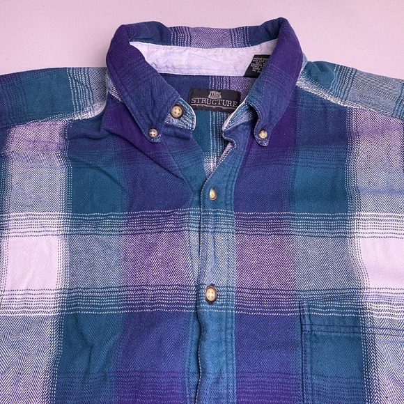 90s Structure Flannel Shirt L Mens L/S Button Up Heavyweight Plaid Herringbone - Picture 1 of 8